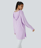 Hooded V Neck Drawstring Thumb Hole Split Longline Casual Sweatshirt — Misty Purple — view 2