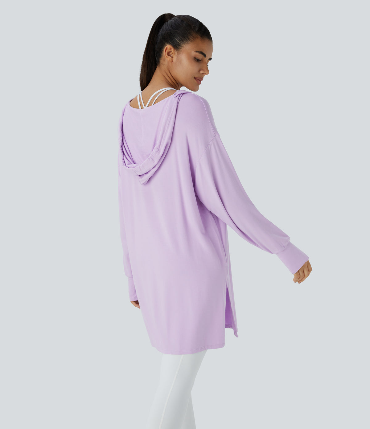 Hooded V Neck Drawstring Thumb Hole Split Longline Casual Sweatshirt — Misty Purple — view 2