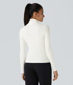 Ribbed Knit High Collar Long Sleeve Casual Top — White — view 3