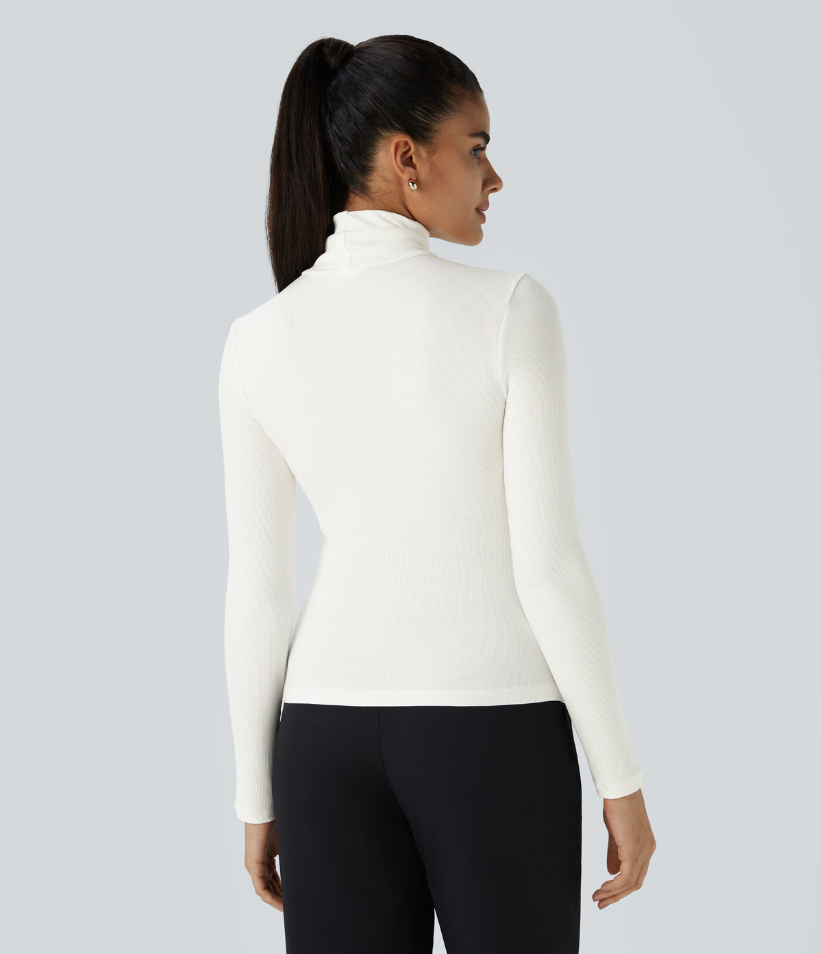 Ribbed Knit High Collar Long Sleeve Casual Top — White — view 3
