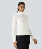 Ribbed Knit High Collar Long Sleeve Casual Top — White — view 4