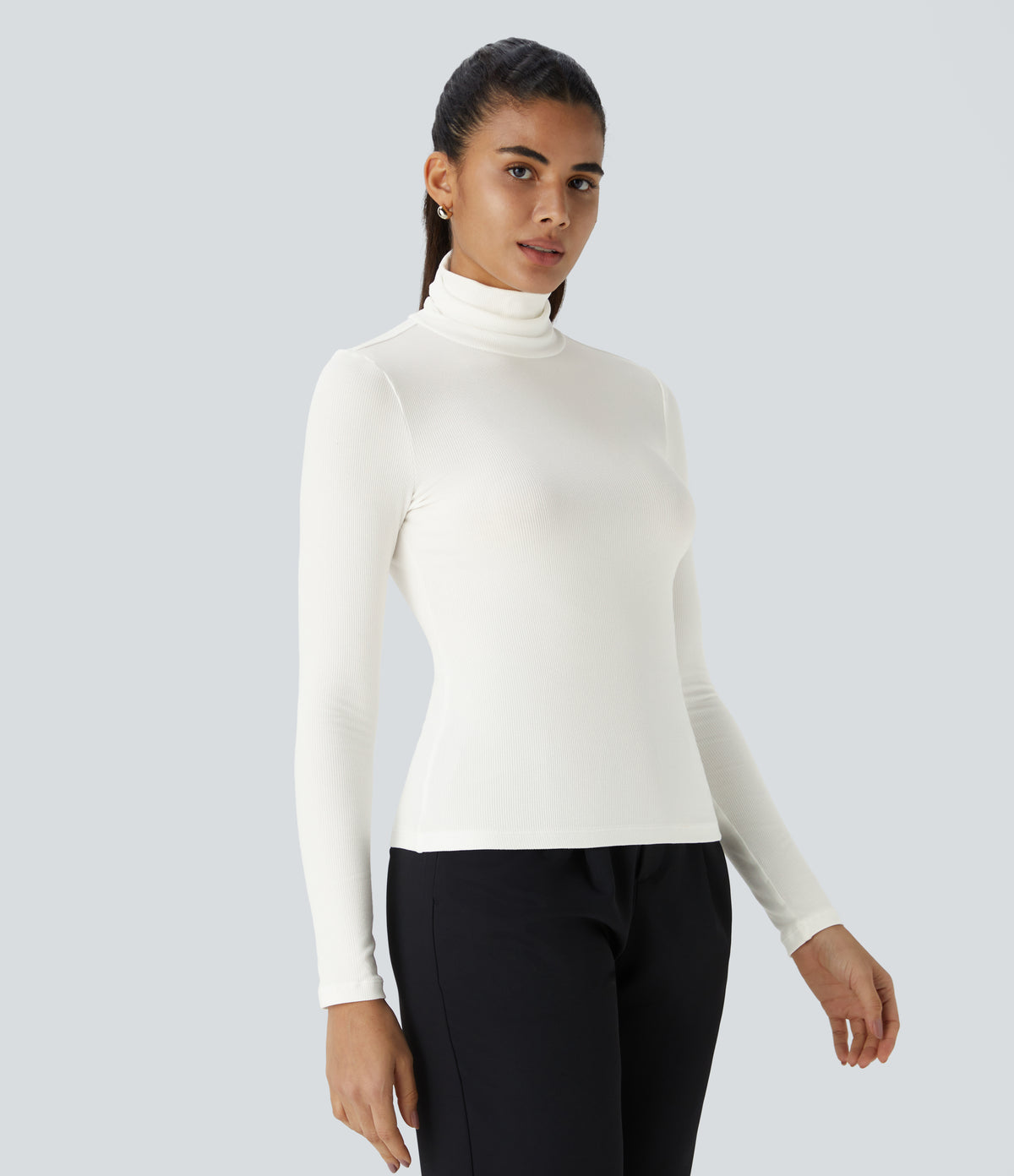 Ribbed Knit High Collar Long Sleeve Casual Top — White — view 4