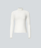 Ribbed Knit High Collar Long Sleeve Casual Top — White — view 7