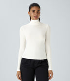 Ribbed Knit High Collar Long Sleeve Casual Top — White — view 2