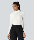 Ribbed Knit High Collar Long Sleeve Casual Top — White — view 1