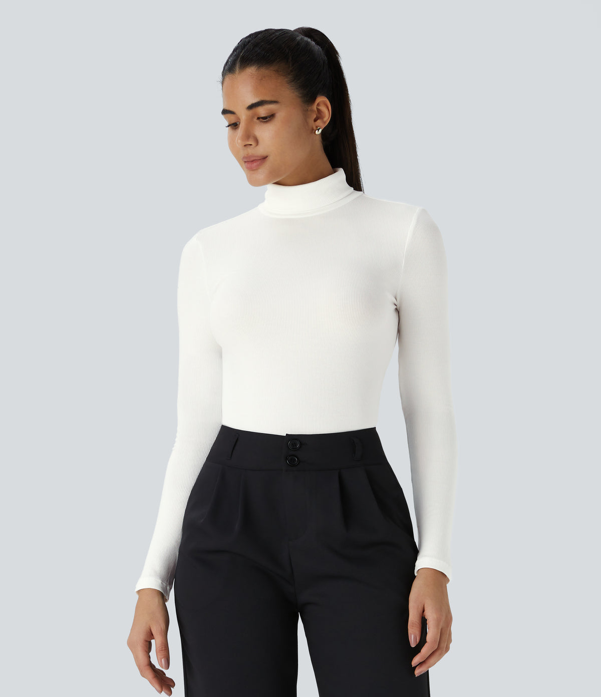 Ribbed Knit High Collar Long Sleeve Casual Top — White — view 1