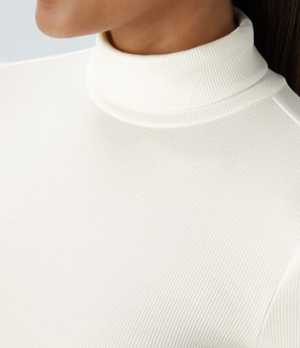 Ribbed Knit High Collar Long Sleeve Casual Top — White — view 5