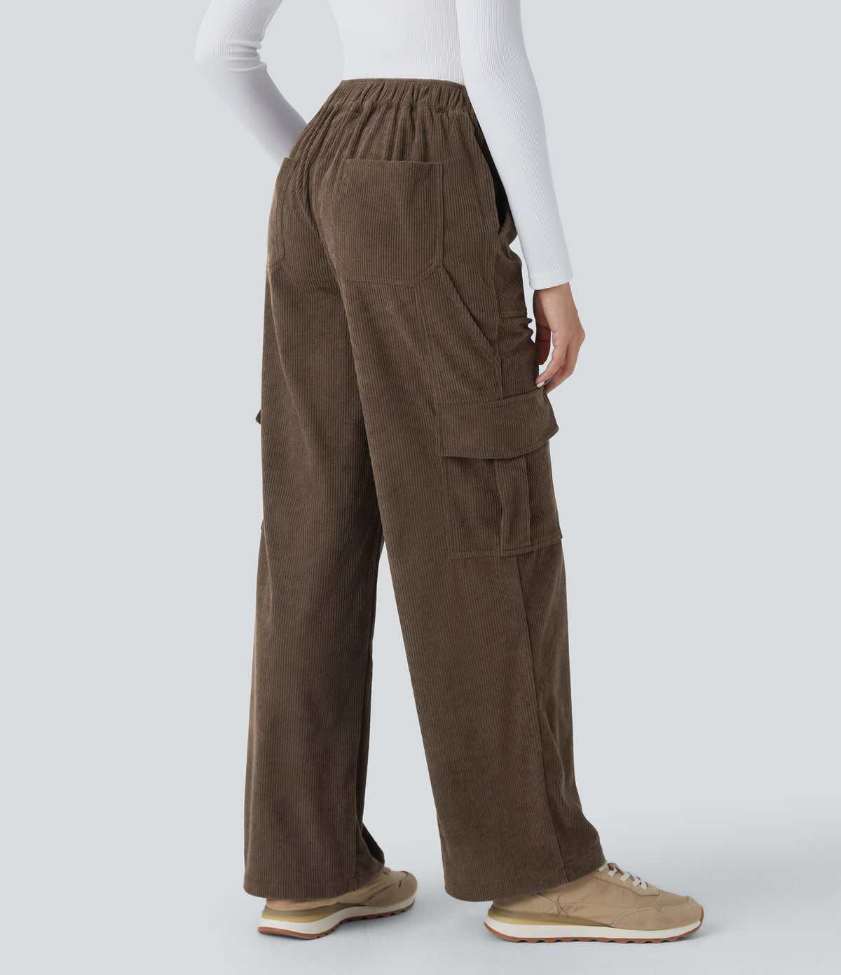 Mid Rise Pockets Straight Leg Corduroy Casual Cargo Trousers — Demitasse — view 2