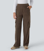 Mid Rise Pockets Straight Leg Corduroy Casual Cargo Trousers — Demitasse — view 3