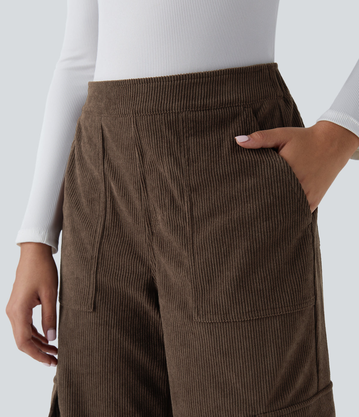 Mid Rise Pockets Straight Leg Corduroy Casual Cargo Trousers — Demitasse — view 4