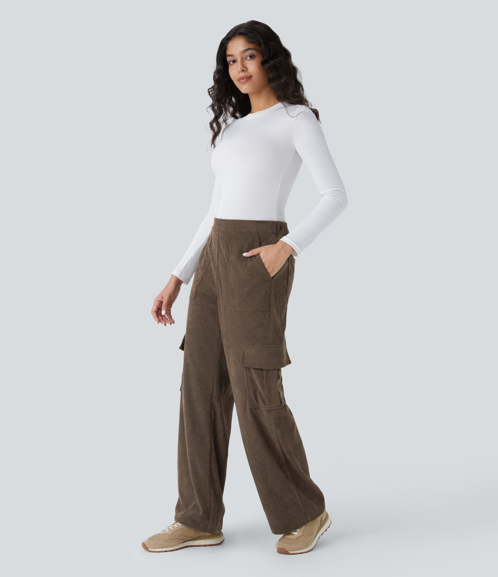 Mid Rise Pockets Straight Leg Corduroy Casual Cargo Trousers — Demitasse — view 7
