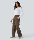 Mid Rise Pockets Straight Leg Corduroy Casual Cargo Trousers — Demitasse — view 7