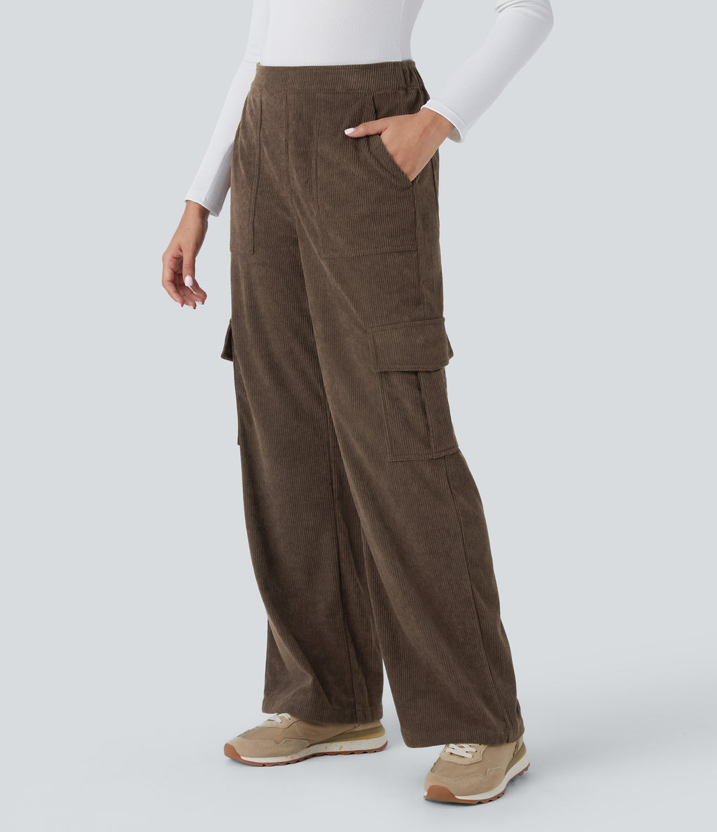 Mid Rise Pockets Straight Leg Corduroy Casual Cargo Trousers — Demitasse — view 1