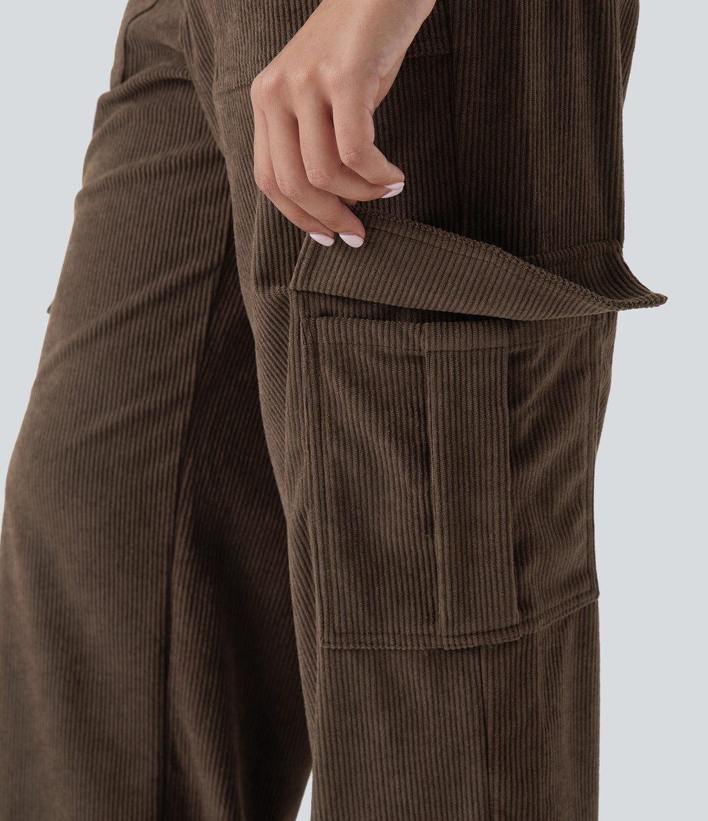 Mid Rise Pockets Straight Leg Corduroy Casual Cargo Trousers — Demitasse — view 6
