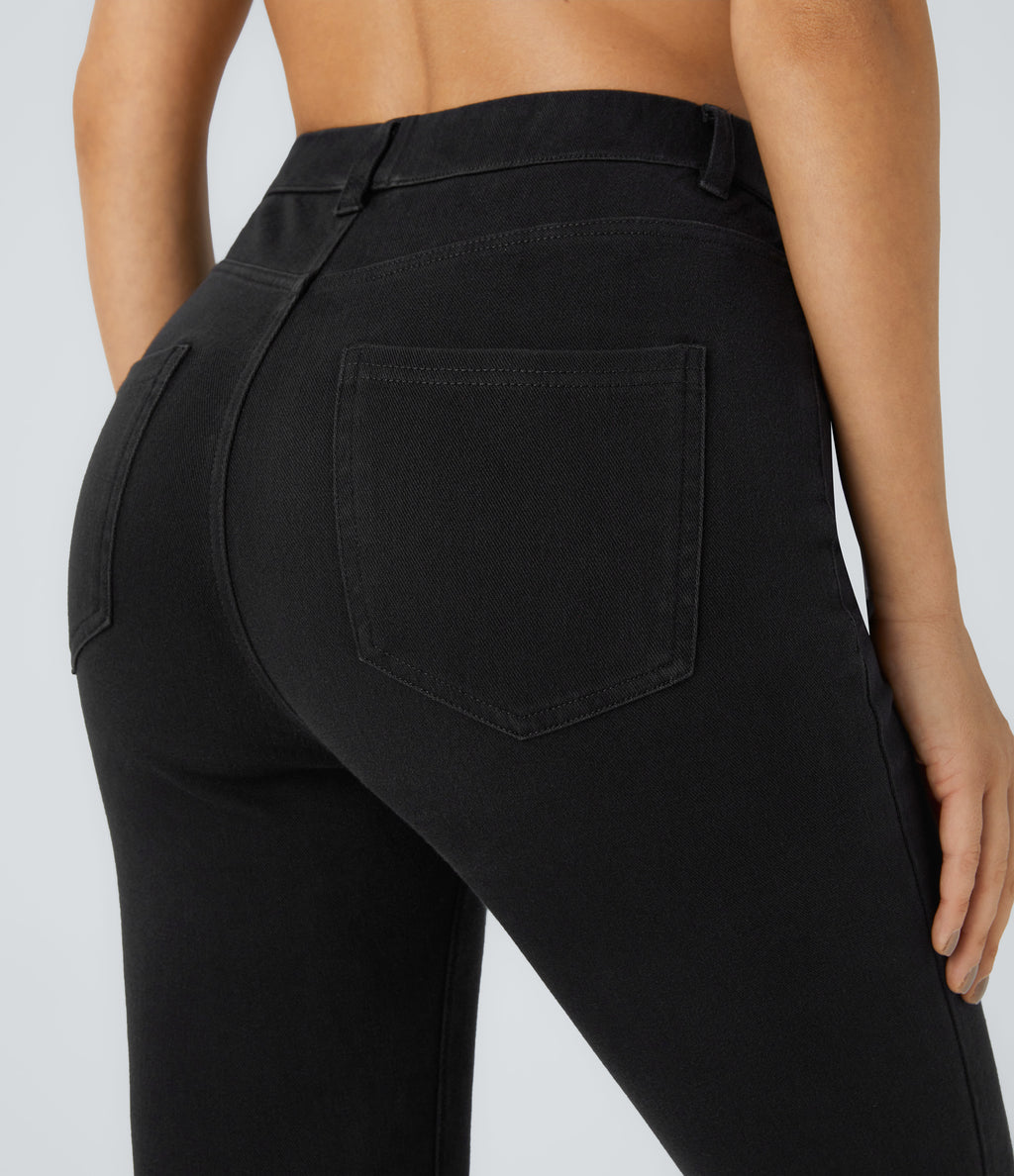 High Waisted Pockets Denim Work Leggings — Black Denim — view 5