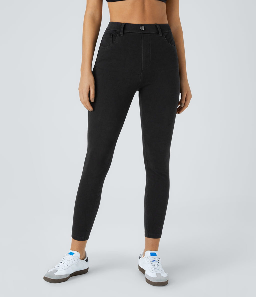 High Waisted Pockets Denim Work Leggings — Black Denim — view 1