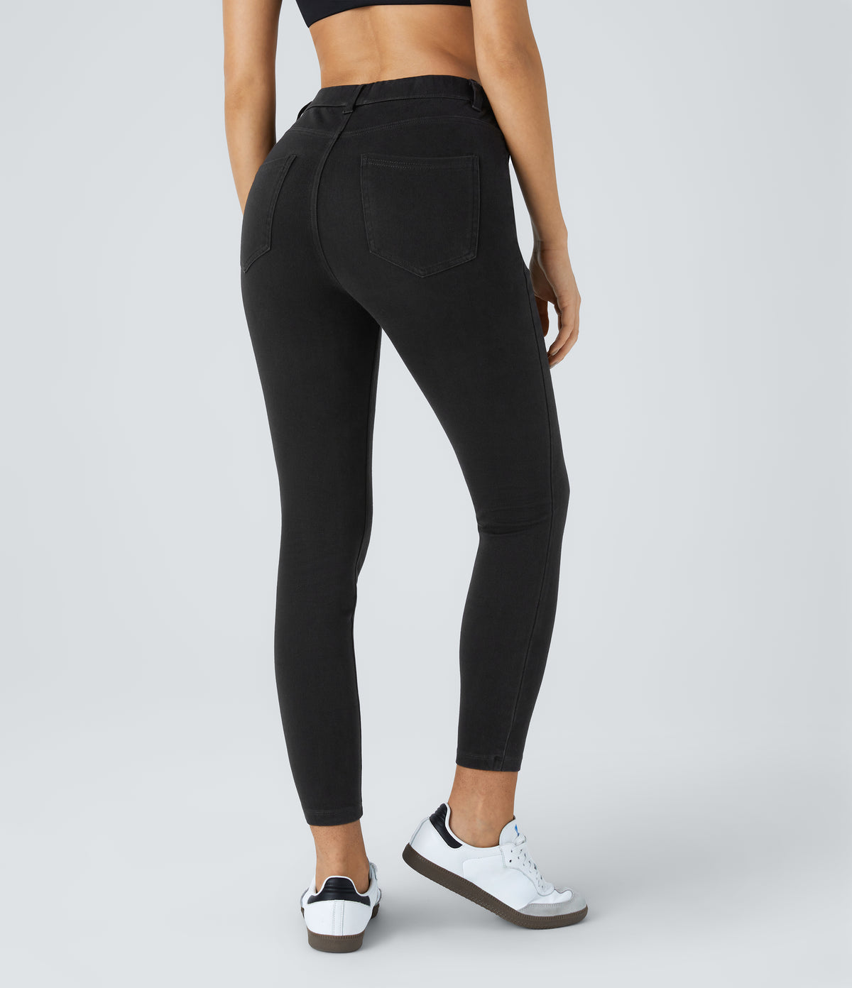 High Waisted Pockets Denim Work Leggings — Black Denim — view 2