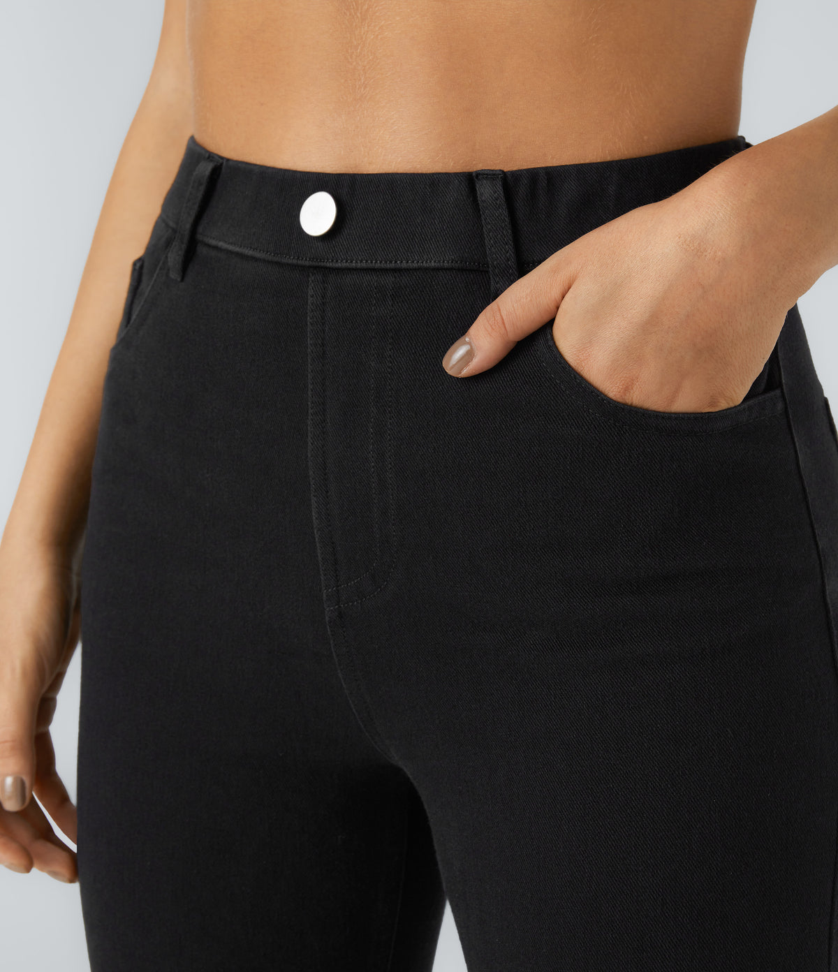 High Waisted Pockets Denim Work Leggings — Black Denim — view 4