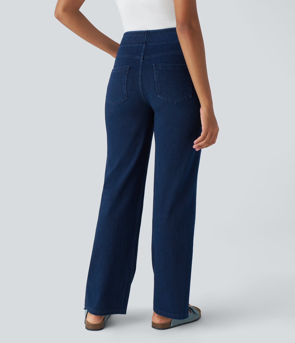 High Waisted Pockets Straight Leg Work Jeans — Washed Denim Navy Blue — view 2