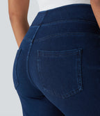 High Waisted Pockets Straight Leg Work Jeans — Washed Denim Navy Blue — view 5