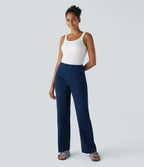 High Waisted Pockets Straight Leg Work Jeans — Washed Denim Navy Blue — view 6