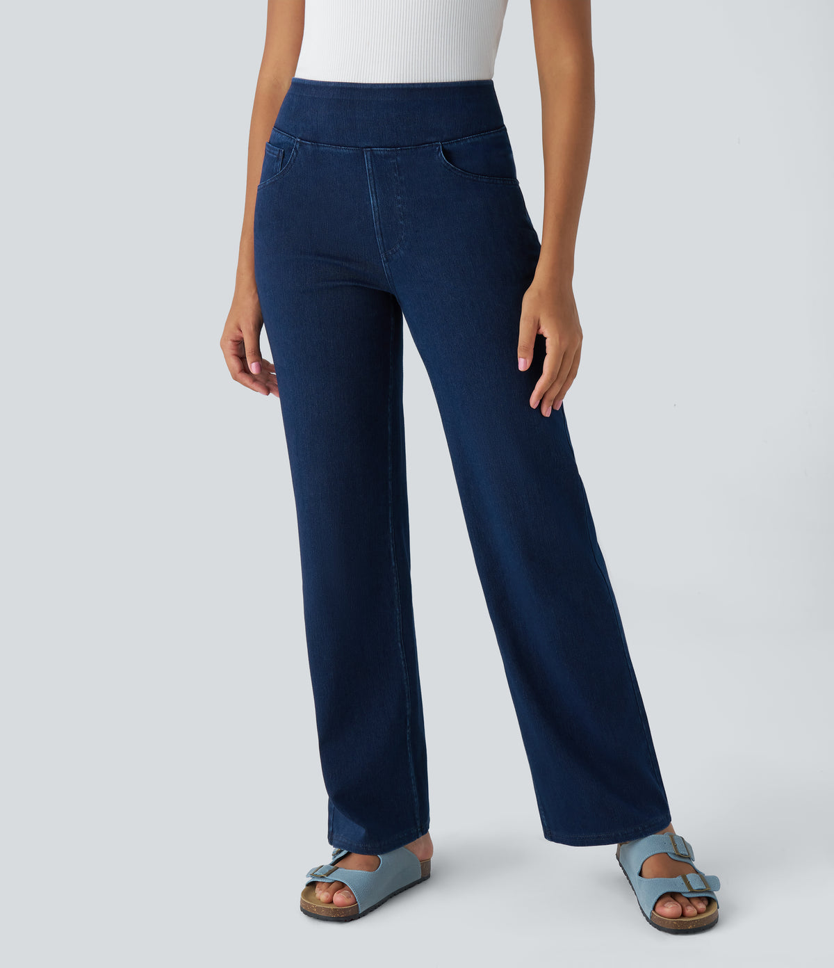 High Waisted Pockets Straight Leg Work Jeans — Washed Denim Navy Blue — view 1