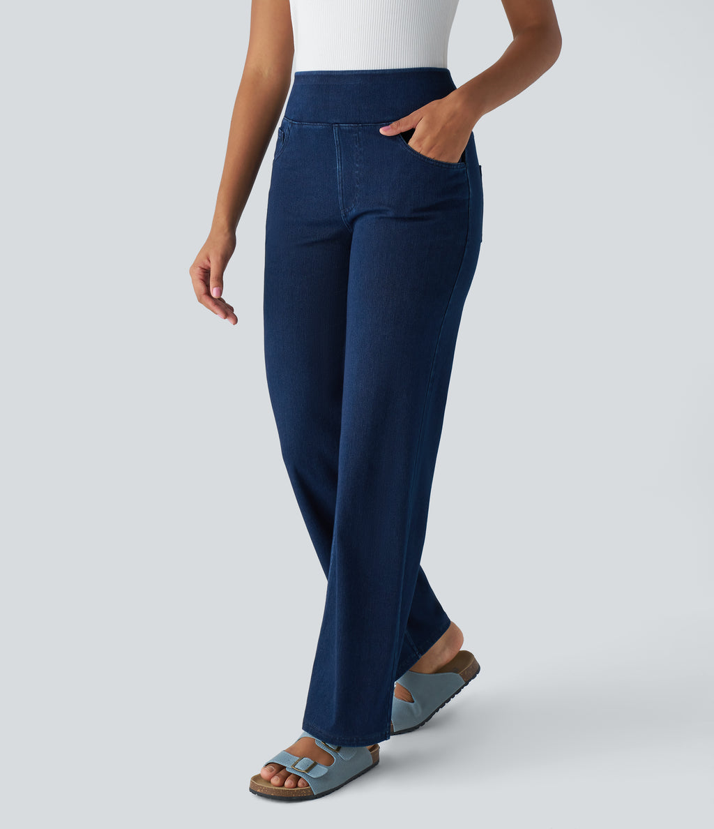 High Waisted Pockets Straight Leg Work Jeans — Washed Denim Navy Blue — view 3