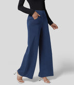 High Waisted Pockets Wide Leg Loose Work Jeans — Washed Denim Navy Blue — view 3