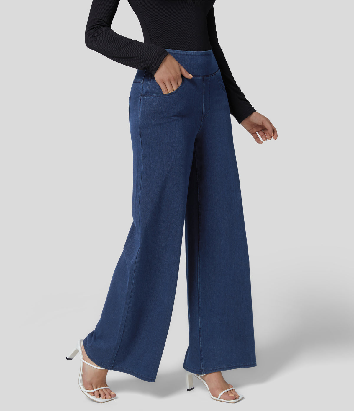 High Waisted Pockets Wide Leg Loose Work Jeans — Washed Denim Navy Blue — view 3