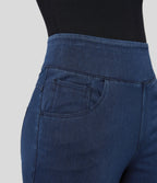 High Waisted Pockets Wide Leg Loose Work Jeans — Washed Denim Navy Blue — view 4
