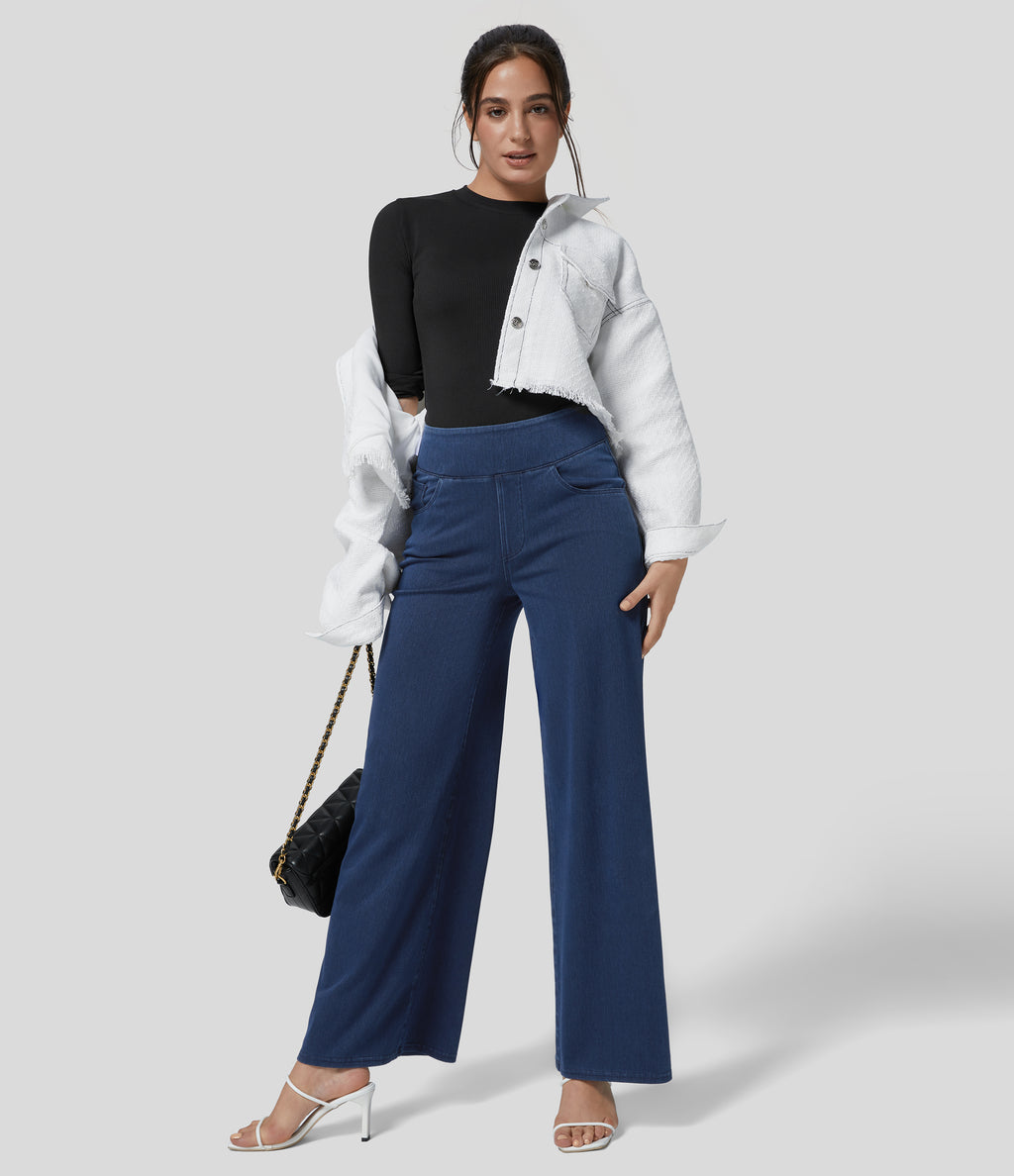 High Waisted Pockets Wide Leg Loose Work Jeans — Washed Denim Navy Blue — view 7