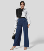 High Waisted Pockets Wide Leg Loose Work Jeans — Washed Denim Navy Blue — view 7