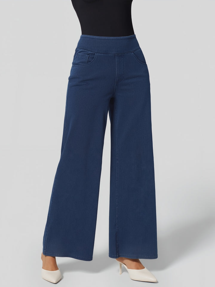 High Waisted Pockets Wide Leg Loose Work Jeans — Washed Denim Navy Blue — view 1