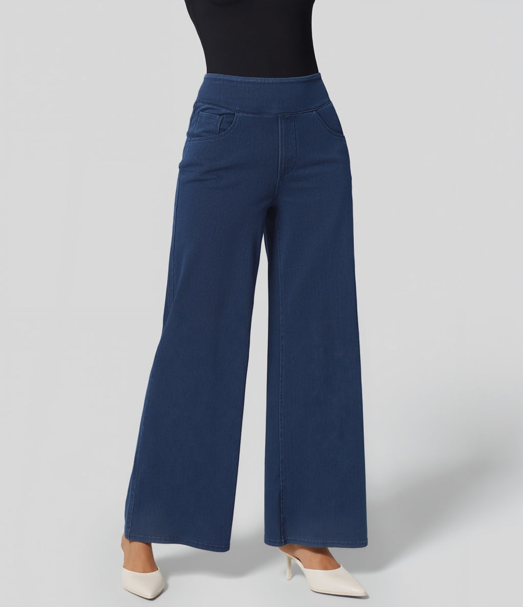High Waisted Pockets Wide Leg Loose Work Jeans — Washed Denim Navy Blue — view 1