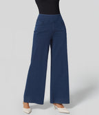 High Waisted Pockets Wide Leg Loose Work Jeans — Washed Denim Navy Blue — view 1