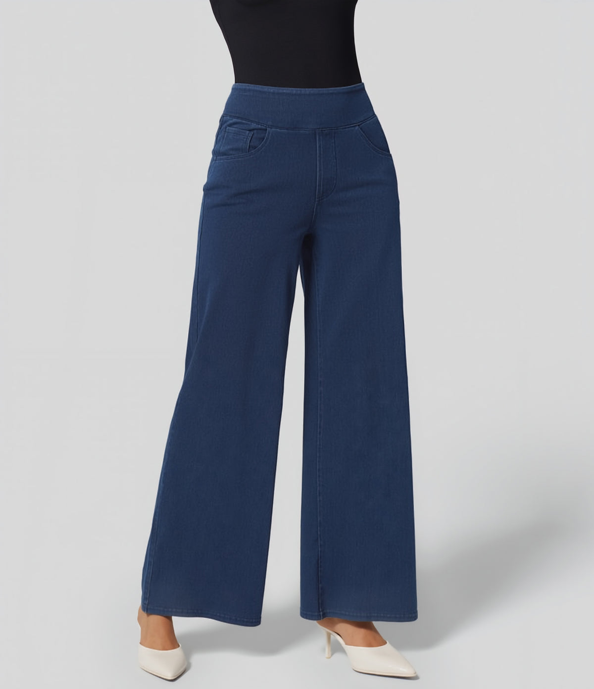 High Waisted Pockets Wide Leg Loose Work Jeans — Washed Denim Navy Blue — view 1