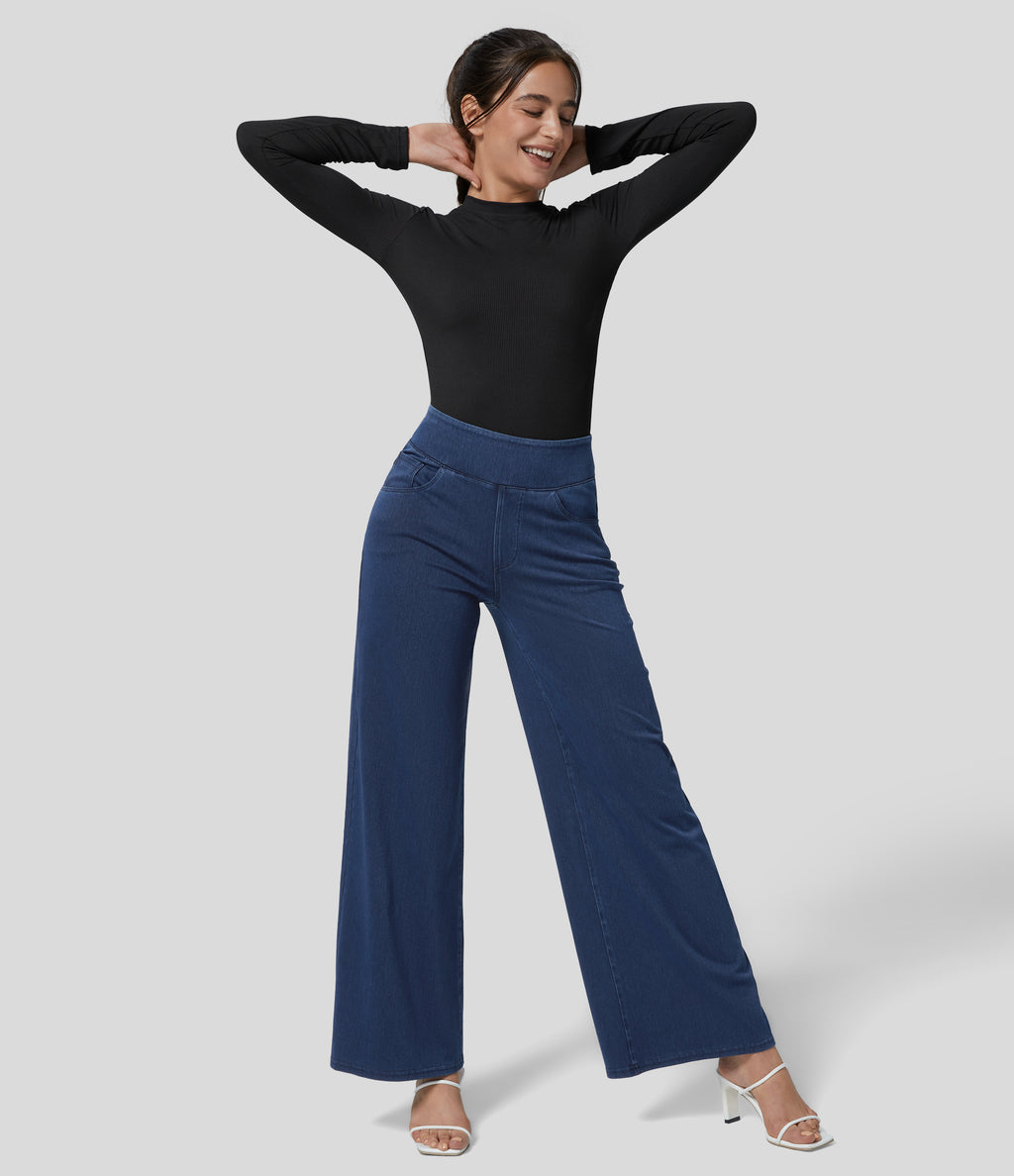 High Waisted Pockets Wide Leg Loose Work Jeans — Washed Denim Navy Blue — view 6