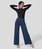 High Waisted Pockets Wide Leg Loose Work Jeans — Washed Denim Navy Blue — view 6