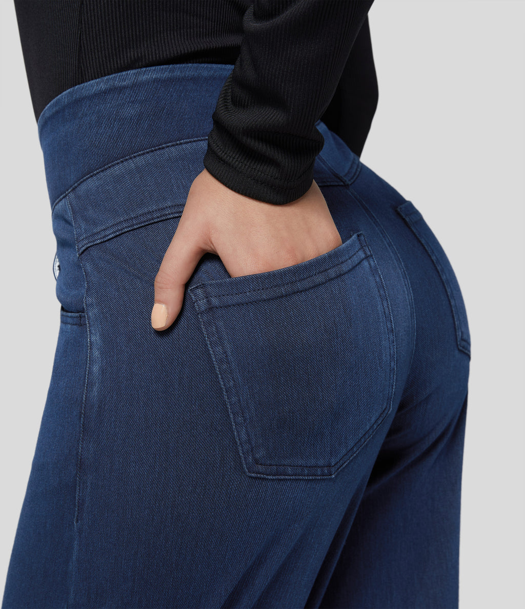 High Waisted Pockets Wide Leg Loose Work Jeans — Washed Denim Navy Blue — view 5