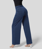 High Waisted Pockets Wide Leg Loose Work Jeans — Washed Denim Navy Blue — view 2