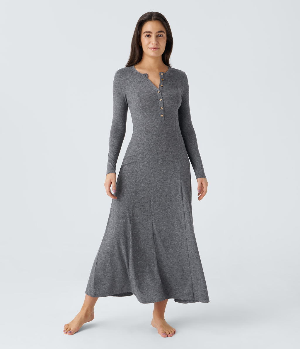 Henley Long Sleeve Flare Maxi Casual Dress — Darl Gray Floral Yarn — view 1
