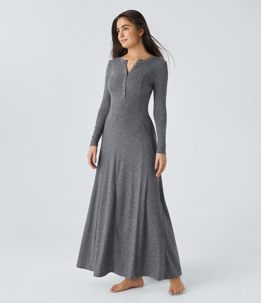 Henley Long Sleeve Flare Maxi Casual Dress — Darl Gray Floral Yarn — view 3