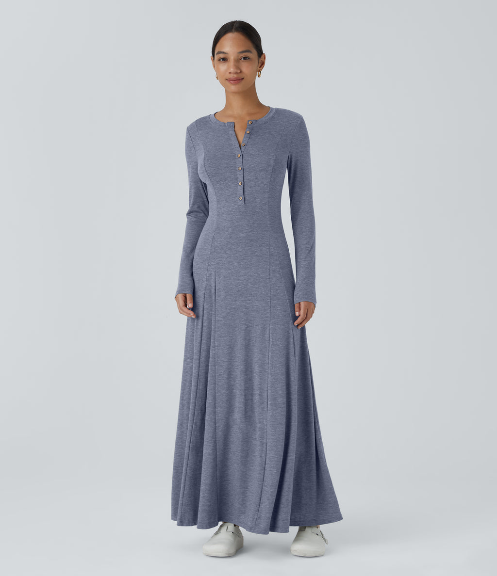 Henley Long Sleeve Flare Maxi Casual Dress — Mottled Indigo — view 6