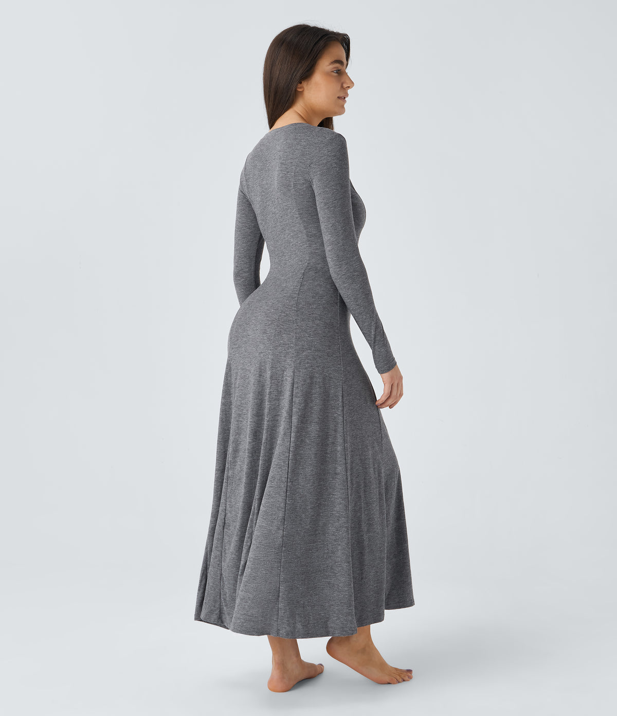 Henley Long Sleeve Flare Maxi Casual Dress — Darl Gray Floral Yarn — view 2