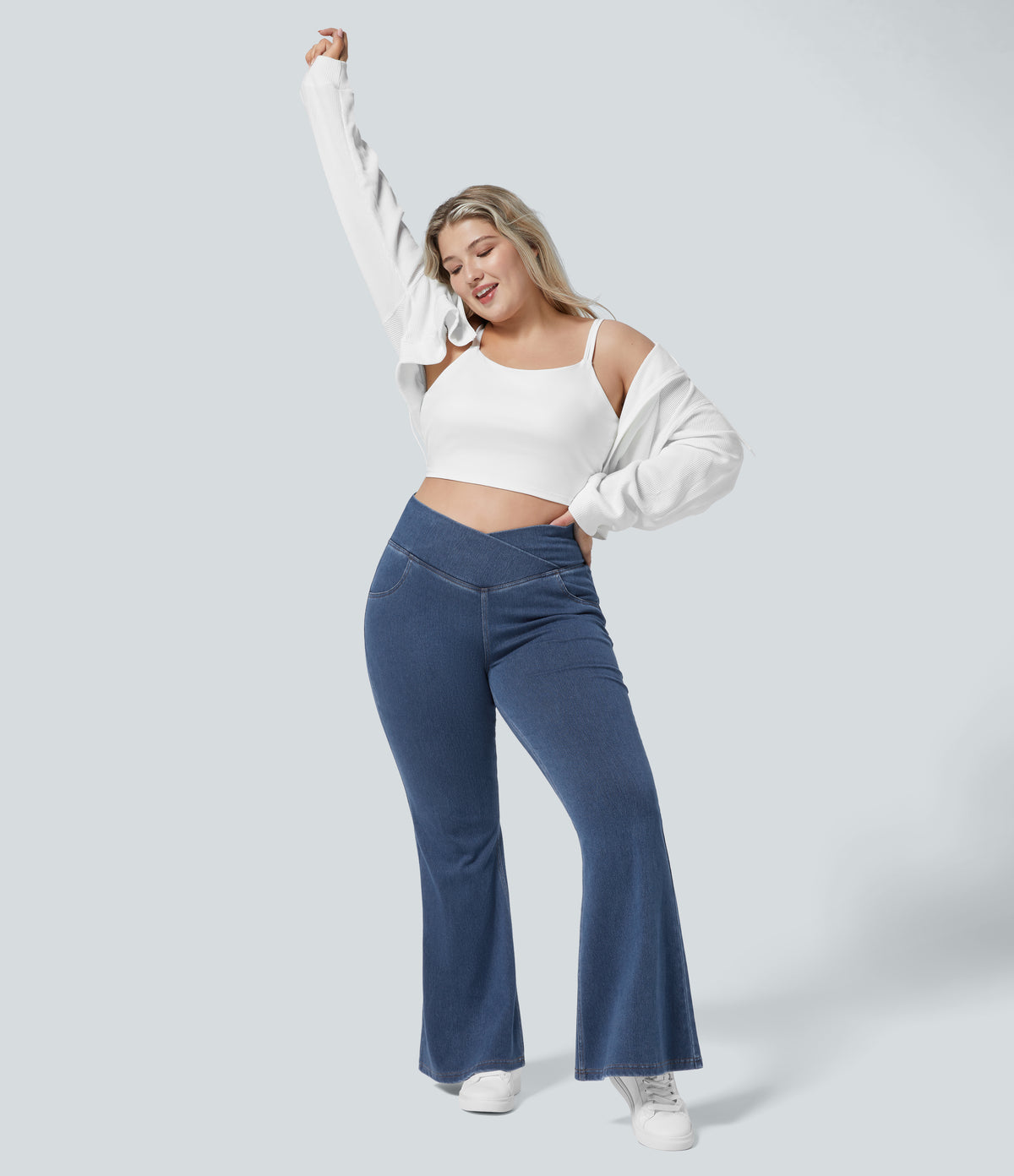 High Waisted Crossover Pocket Washed Casual Plus Size Jeans — Washed Denim Bleached Blue — view 6
