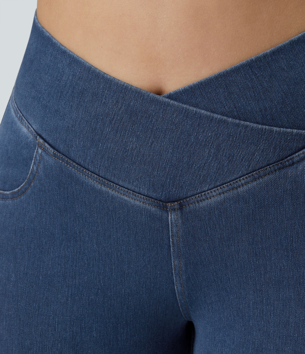 High Waisted Crossover Pocket Washed Casual Plus Size Jeans — Washed Denim Bleached Blue — view 4