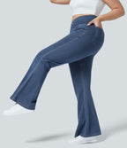 High Waisted Crossover Pocket Washed Casual Plus Size Jeans — Washed Denim Bleached Blue — view 3