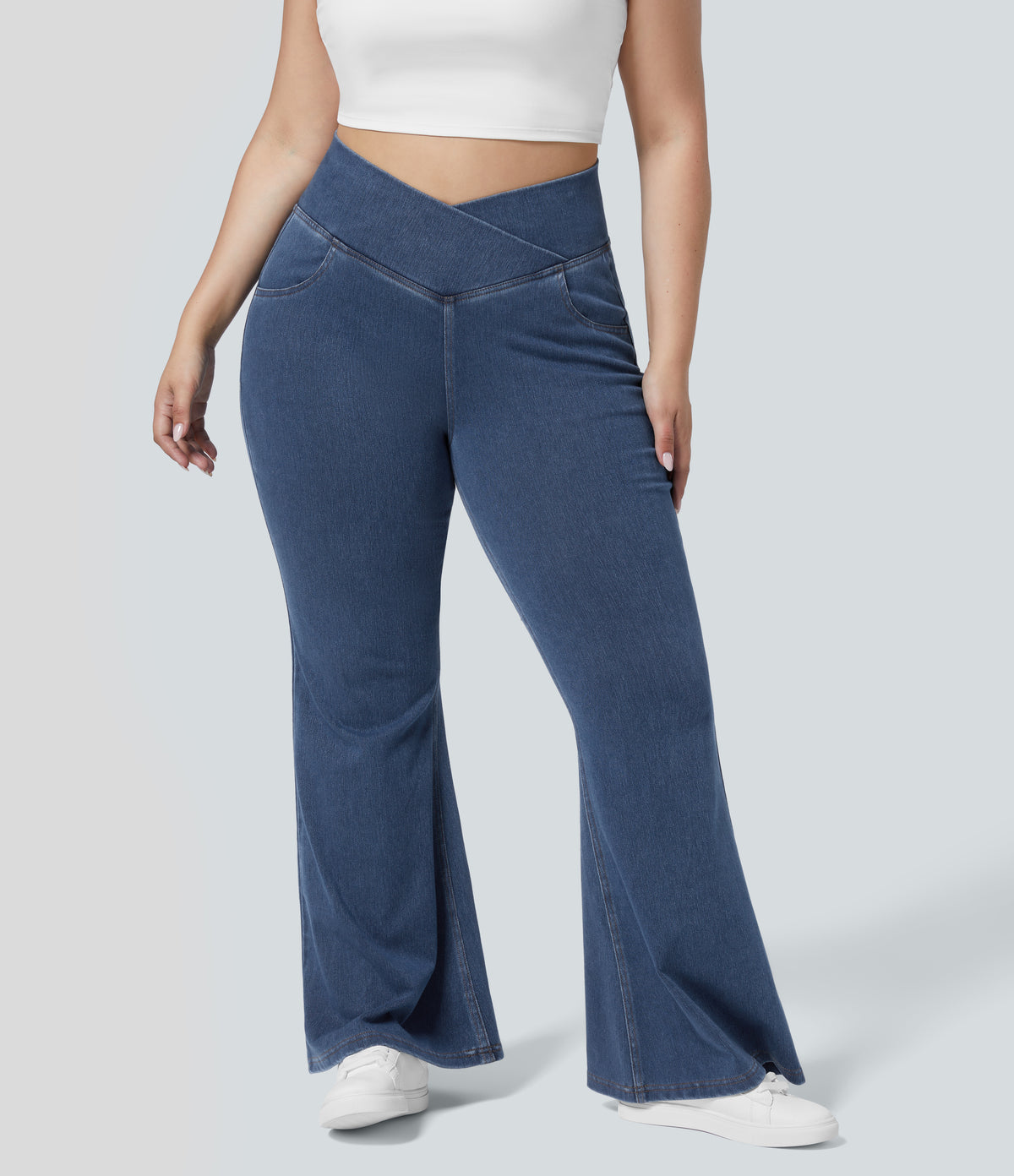 High Waisted Crossover Pocket Washed Casual Plus Size Jeans — Washed Denim Bleached Blue — view 2