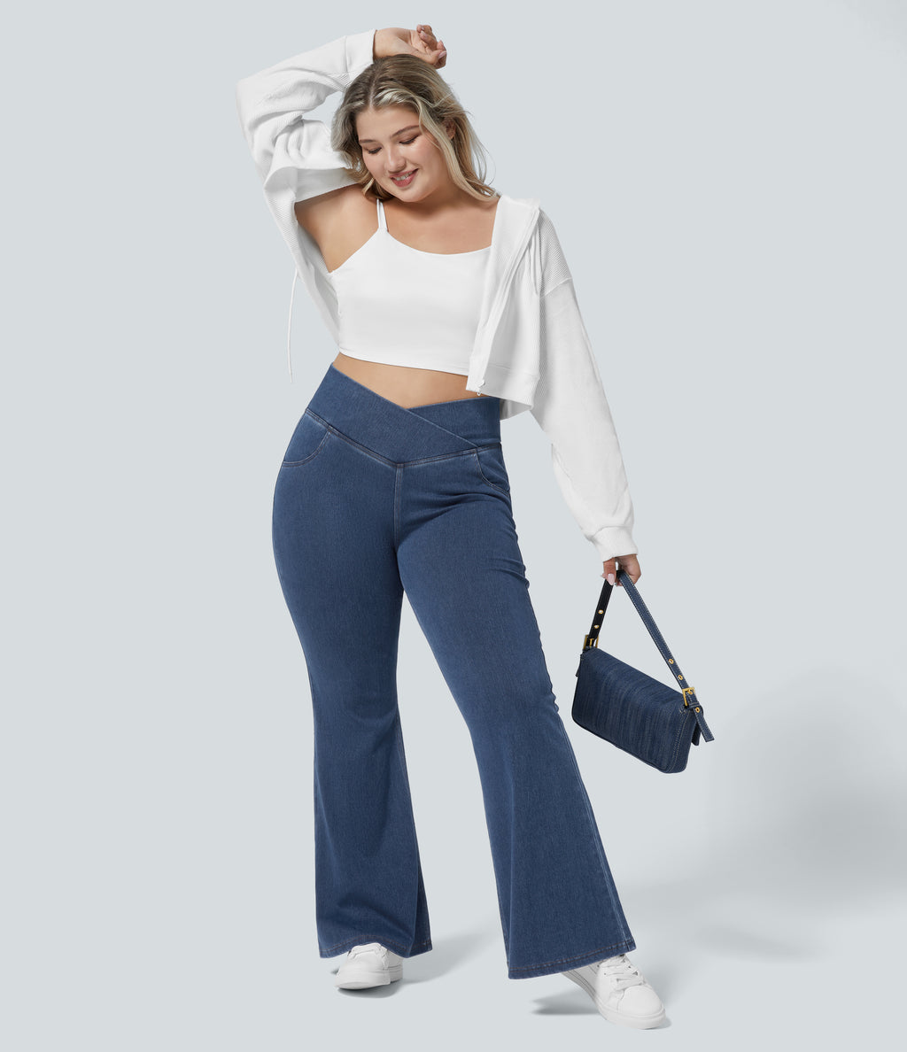High Waisted Crossover Pocket Washed Casual Plus Size Jeans — Washed Denim Bleached Blue — view 7