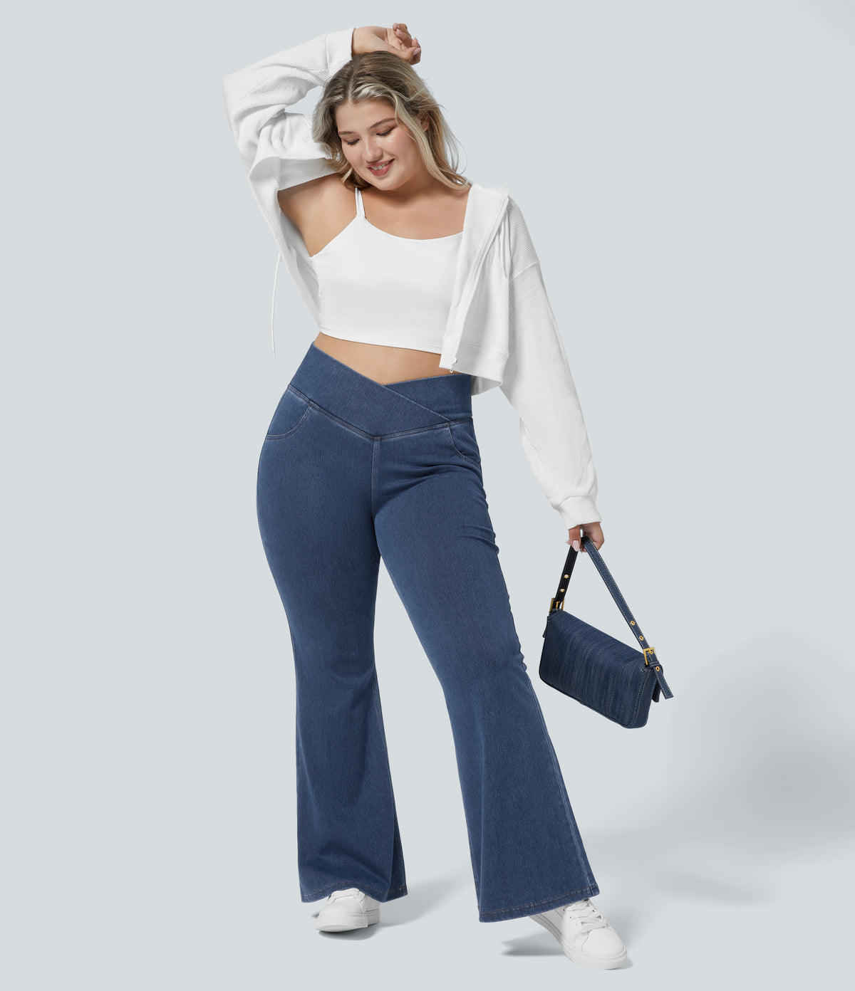 High Waisted Crossover Pocket Washed Casual Plus Size Jeans — Washed Denim Bleached Blue — view 7